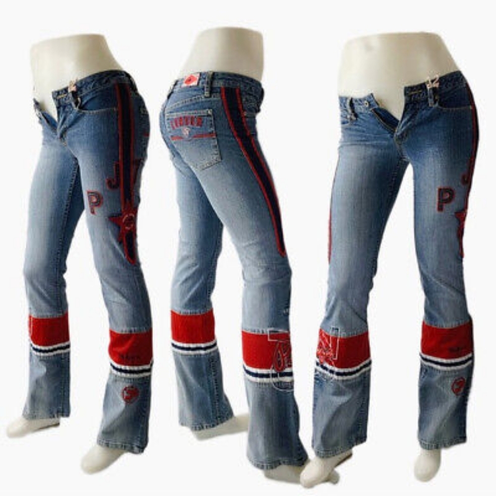 Women's Pepe Jeans Blue Red Low Rise Denim Stretch Flared Jeans Bootcut NWT